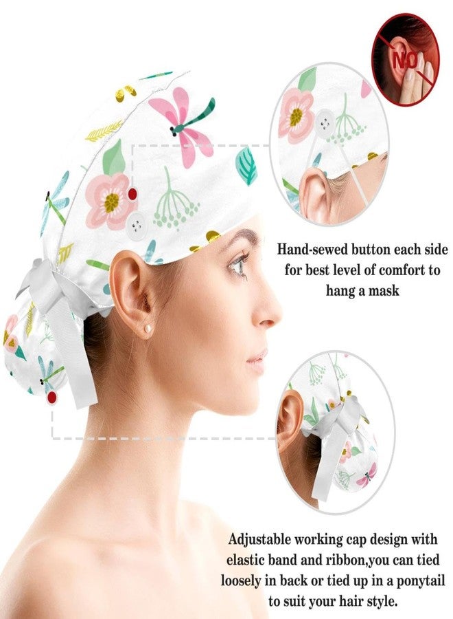قبعات جراحية نسائية بأزرار وعصابة رأس ماصة للعرق وعصابة شعر، قبعات جراحية للشعر الطويل للنساء (مقاس أمريكي، ألفا، مقاس واحد، مقاس كبير، زهور ملونة على شكل يعسوب) - Image 3